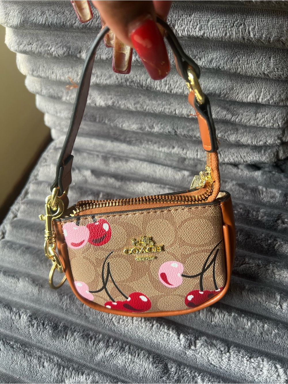 COACH Cherry Print Mini Bag in Brown, Red and Pink